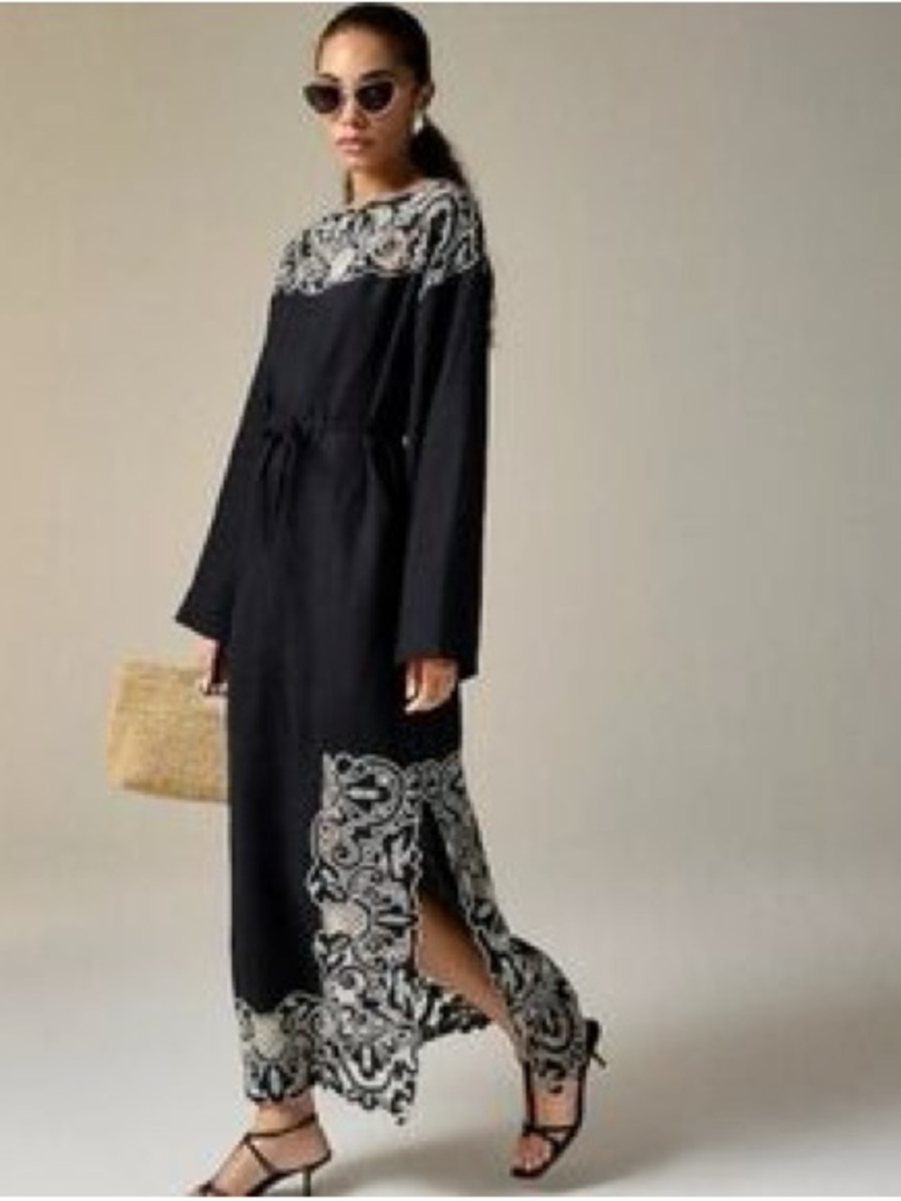 J. Crew Black Maxi Dress with White Paisley Yoke & Hem